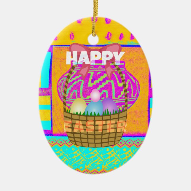 West African Inspired Easter Basket & Eggs Art  Ceramic Tree Decoration (Front)