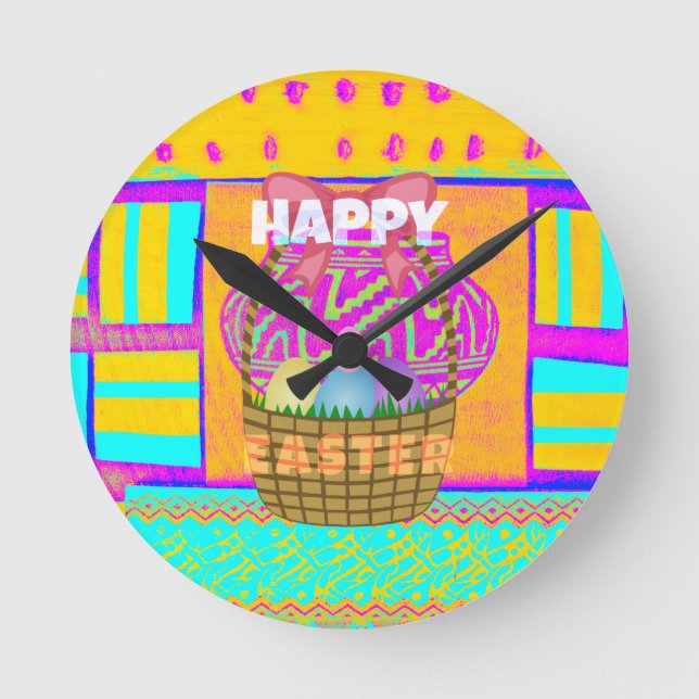 West African Inspired Easter Basket & Eggs Art  Round Clock (Front)
