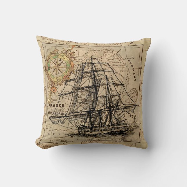 West Europe Vintage Map with Ship & Compass Cushion (Front)