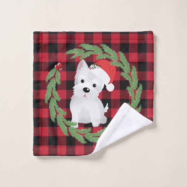 West Highland Dog Santa Hat Buffalo Plaid Bath Towel Set (Wash Cloth)