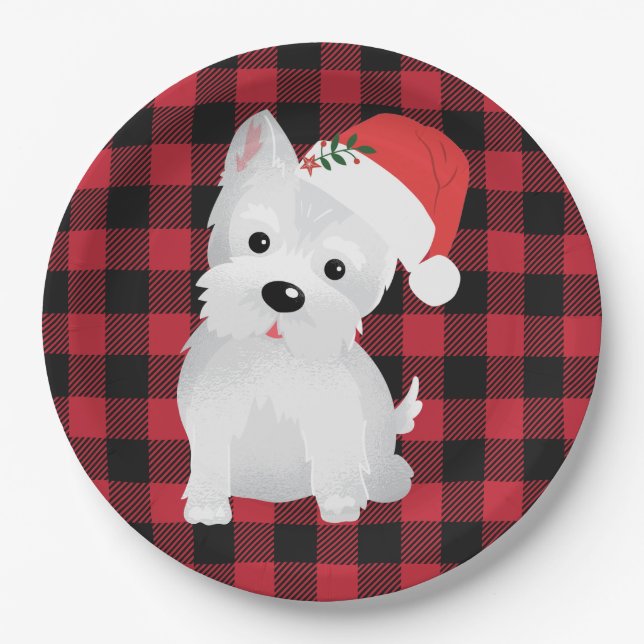 West Highland Dog With Santa Hat Buffalo Plaid Paper Plate (Front)