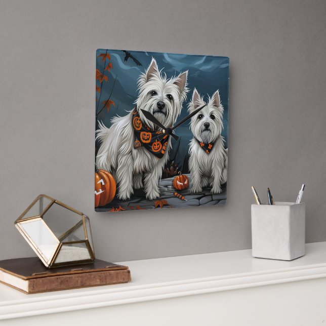 West Highland Halloween Spooky Square Wall Clock (Office)