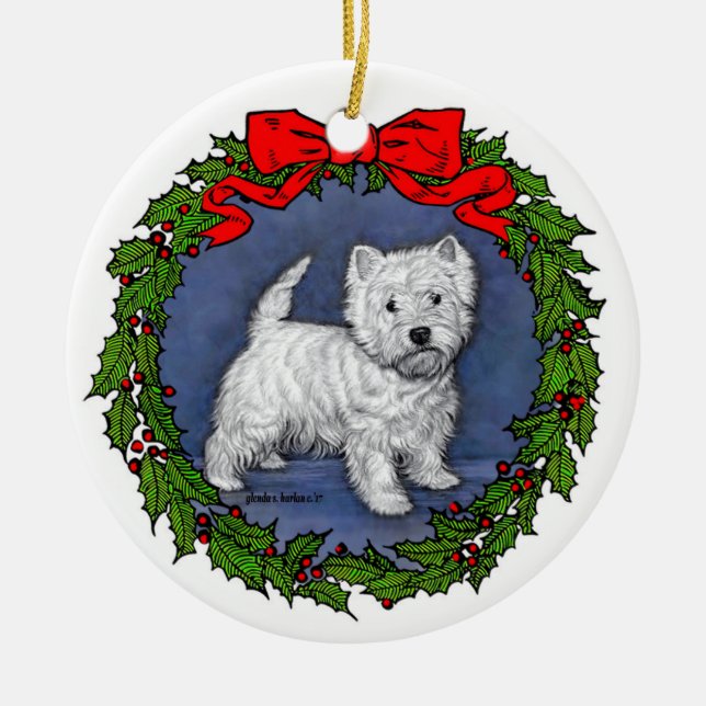 West Highland Terrier Art by Glenda S. Harlan Ceramic Tree Decoration (Front)
