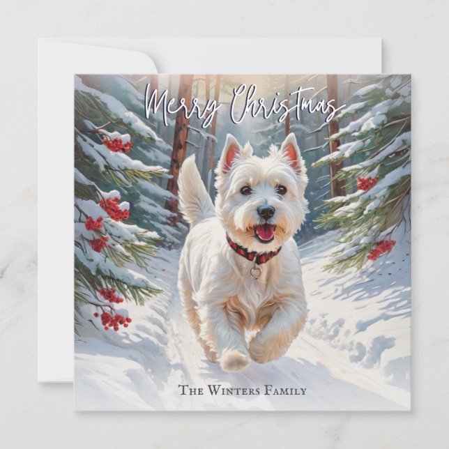 West Highland Terrier Dog Westie In Snow Christmas Holiday Card (Front)