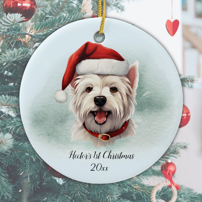 West Highland Terrier Personalised First Christmas Ceramic Tree Decoration (Personalize with Dog's name and year, or add different text, or delete if not required.)