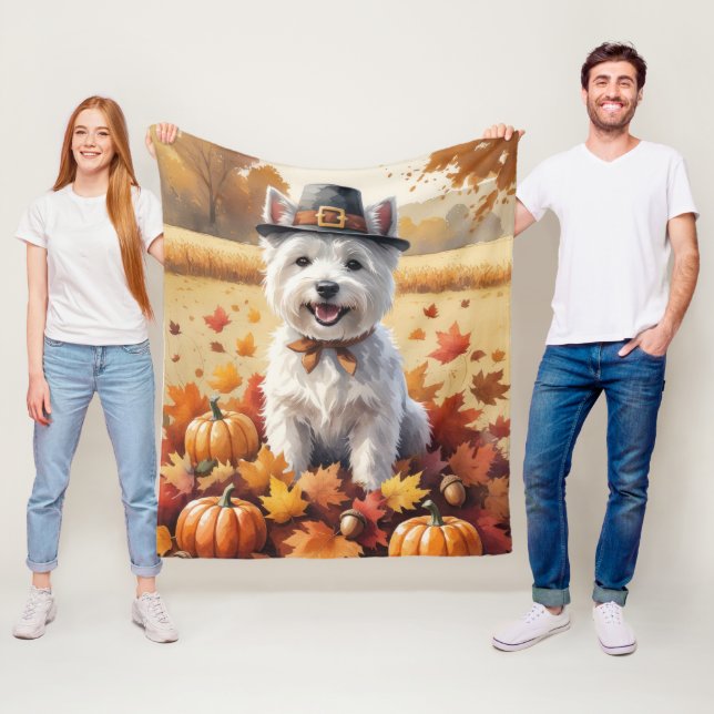 West Highland White Terrier Autumn Leaves Fleece Blanket (In Situ)