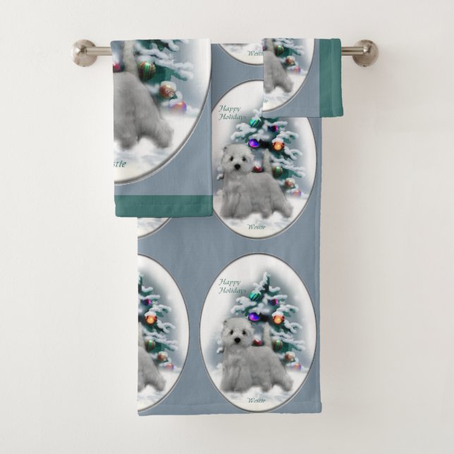 West Highland White Terrier Christmas Bath Towel Set (Insitu)