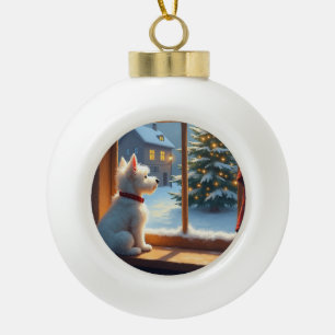 West Highland White Terrier Christmas Morning View Ceramic Ball Christmas Ornament