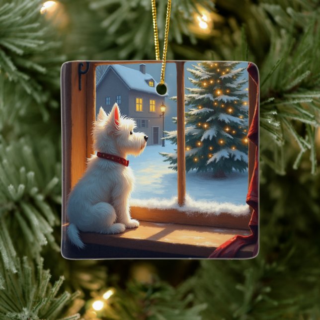 West Highland White Terrier Christmas Morning View Ceramic Ornament (Tree)