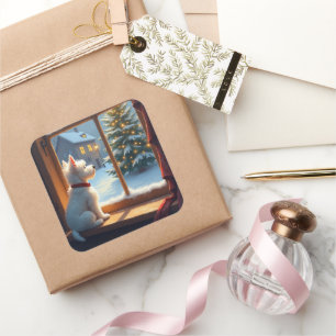 West Highland White Terrier Christmas Morning View Square Sticker