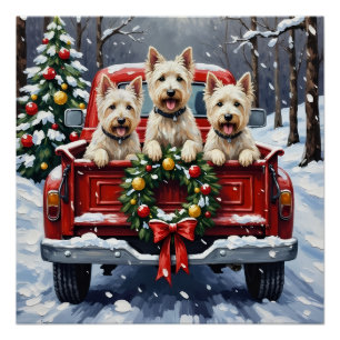 West Highland White Terrier Christmas Red Truck Poster