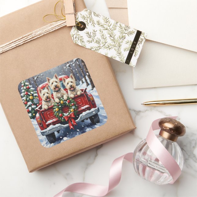 West Highland White Terrier Christmas Red Truck Square Sticker (Gifting)