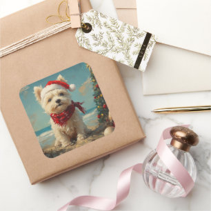 West Highland White Terrier Dog Christmas Beach Square Sticker