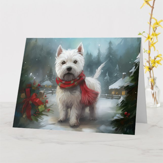 West Highland White Terrier Dog in Snow Christmas Card (Yellow Flower)
