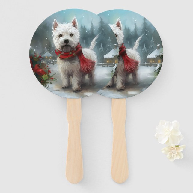West Highland White Terrier Dog in Snow Christmas Hand Fan (Front and Back)