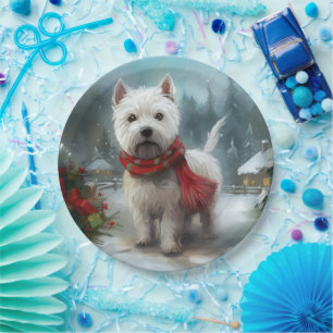 West Highland White Terrier Dog in Snow Christmas Paper Plate