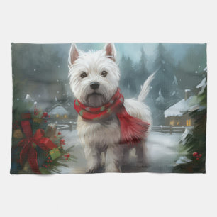 West Highland White Terrier Dog in Snow Christmas Tea Towel