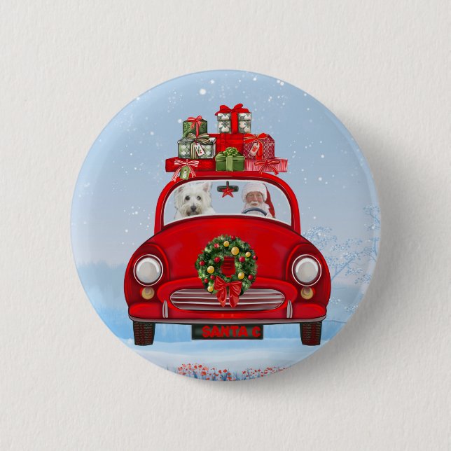 West Highland White Terrier Dog With Santa Claus 6 Cm Round Badge (Front)