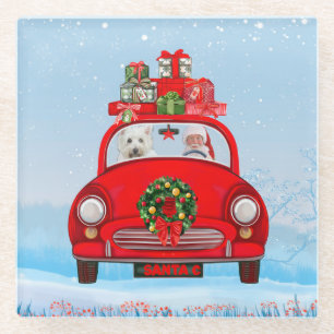 West Highland White Terrier Dog With Santa Claus Glass Coaster