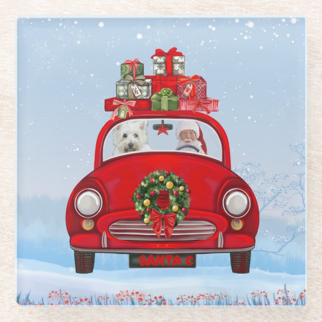 West Highland White Terrier Dog With Santa Claus Glass Coaster (Front)