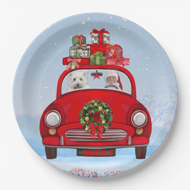 West Highland White Terrier Dog With Santa Claus  Paper Plate (Front)