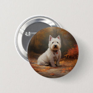 West Highland White Terrier in Autumn Leaves Fall 6 Cm Round Badge