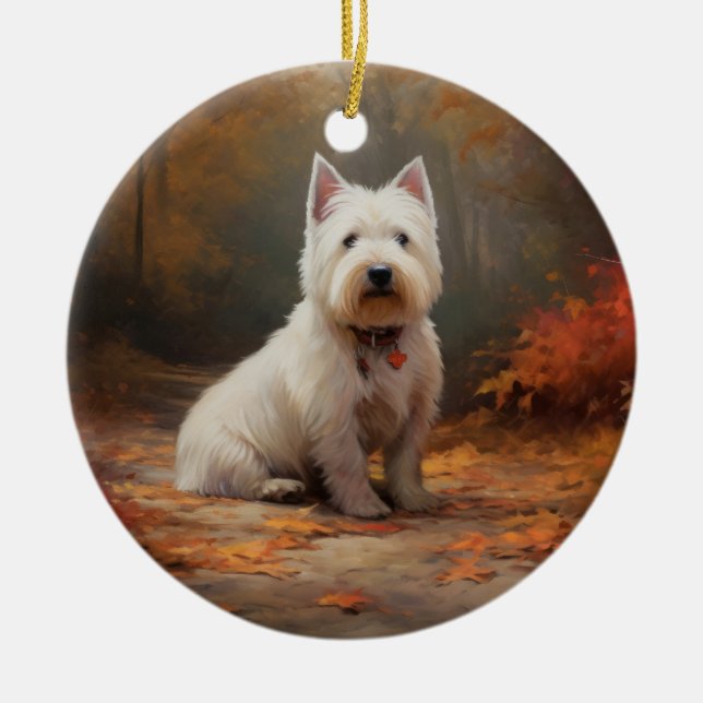 West Highland White Terrier in Autumn Leaves Fall Ceramic Tree Decoration (Front)