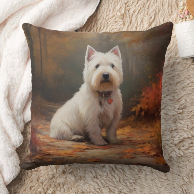 West Highland White Terrier in Autumn Leaves Fall Cushion (Blanket)