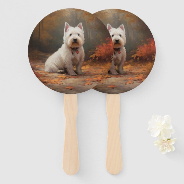 West Highland White Terrier in Autumn Leaves Fall Hand Fan (Front and Back)