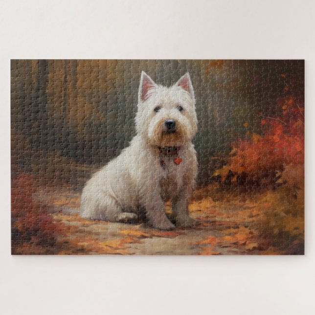 West Highland White Terrier in Autumn Leaves Fall Jigsaw Puzzle (Horizontal)