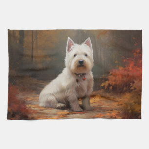 West Highland White Terrier in Autumn Leaves Fall Tea Towel