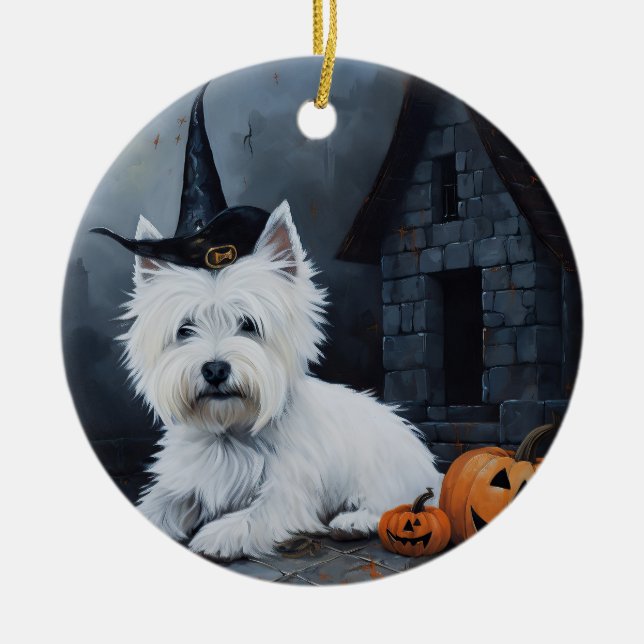 West Highland White Terrier Pumpkin Halloween  Ceramic Tree Decoration (Front)