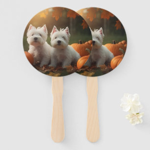 West Highland White Terrier Puppy Autumn Pumpkin Hand Fan