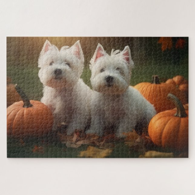 West Highland White Terrier Puppy Autumn Pumpkin Jigsaw Puzzle (Horizontal)