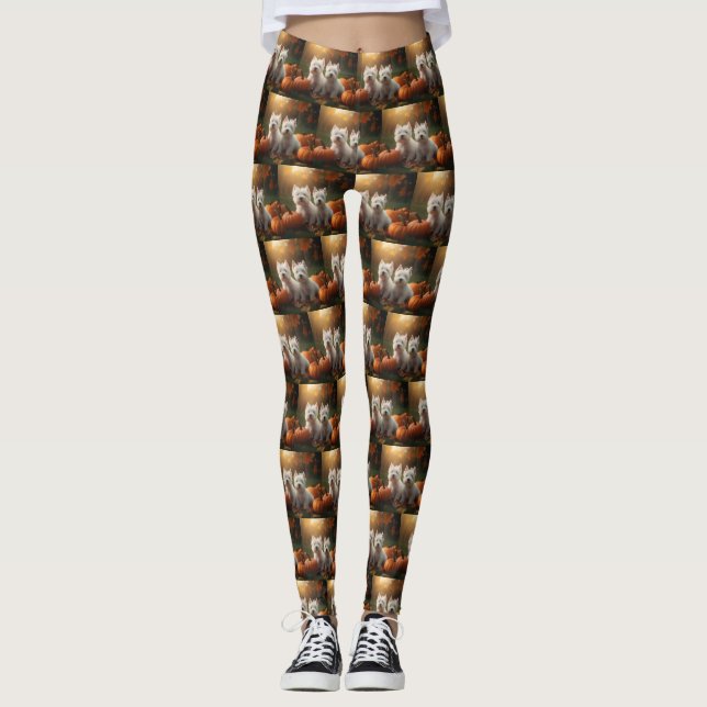 West Highland White Terrier Puppy Autumn Pumpkin Leggings (Front)