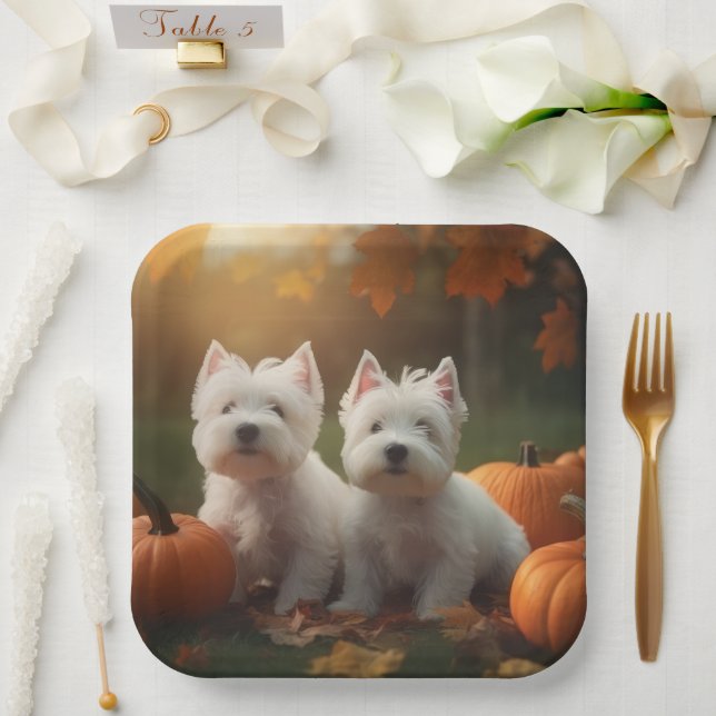 West Highland White Terrier Puppy Autumn Pumpkin Paper Plate (Wedding)