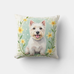 West Highland White Terrier Watercolor Floral Dot  Cushion