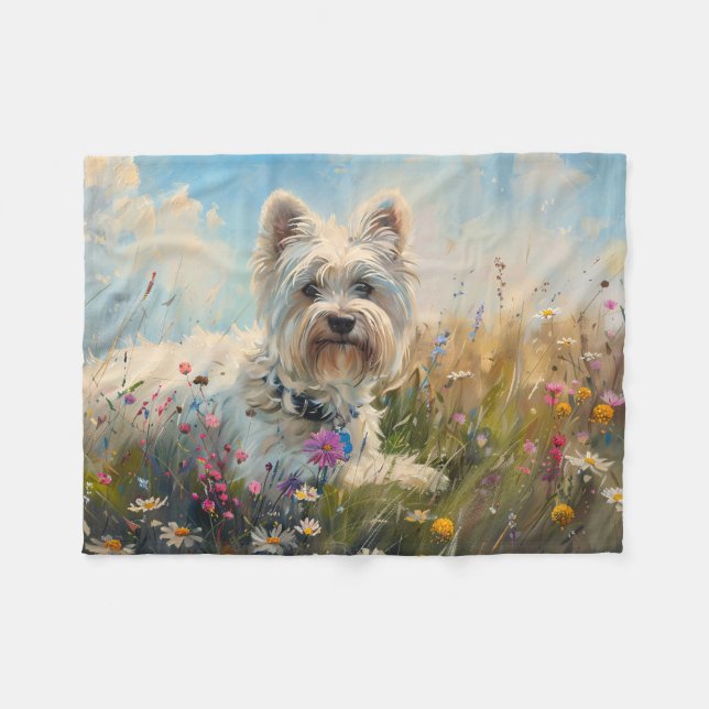 West Highland White Terrier Wildflowers Fleece Blanket (Front (Horizontal))