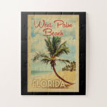 West Palm Beach Palm Tree Vintage Travel Jigsaw Puzzle<br><div class="desc">A uniquely retro mid-century modern West Palm Beach Florida art print in vintage travel poster style. It features a curved palm tree on sandy beach with ocean under a blue cloudy sky.</div>