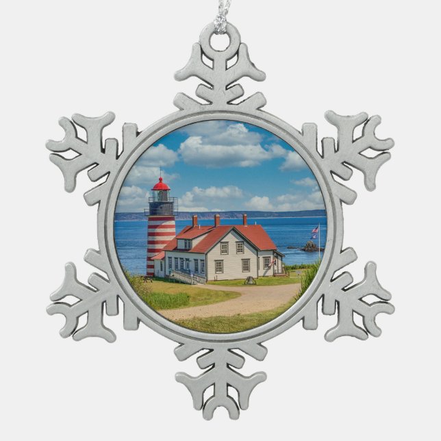 West Quoddy Head Lighthouse, Lubec, Maine Snowflake Pewter Christmas Ornament (Front)