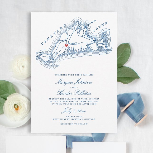 West Tisbury MA Map Elegant Navy Blue Wedding Invitation (West Tisbury Map Wedding Invitation for an elegant Navy Blue Martha's Vineyard Wedding)