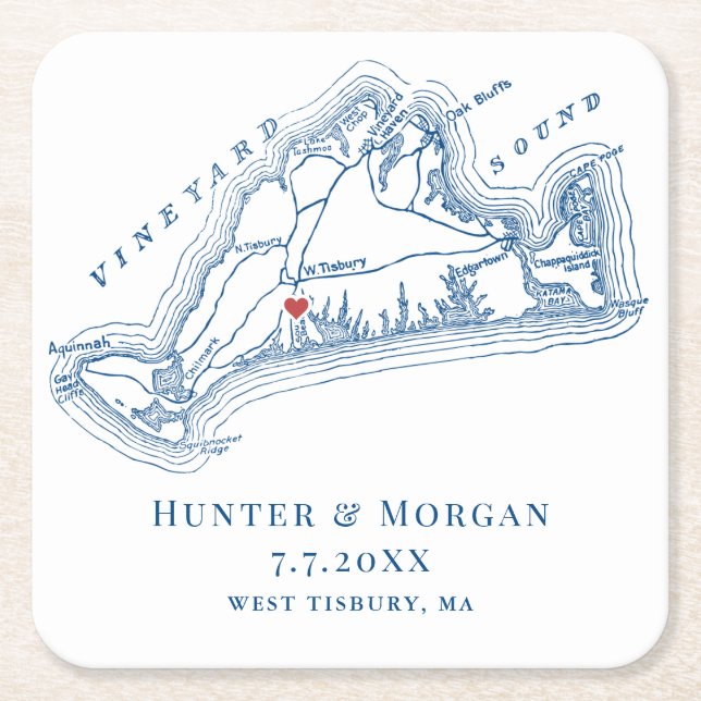 West Tisbury Map Blue Wedding Favour Square Paper Coaster (Front)