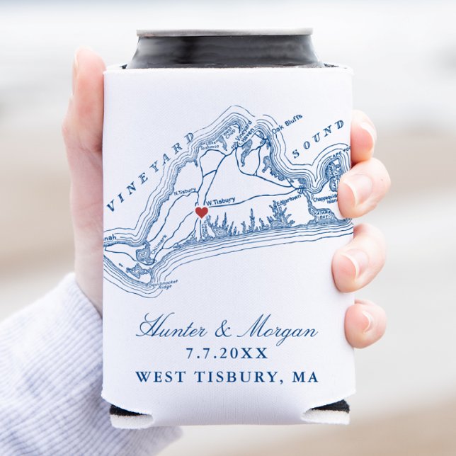 West Tisbury Map Elegant Navy Blue Wedding Favour Can Cooler (West Tisbury Martha's Vineyard Wedding favor can coozie in elegant navy blue by Coastal Map Designs)
