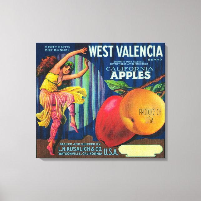 West Valencia Apple Crate LabelWatsonville, CA Canvas Print (Front)