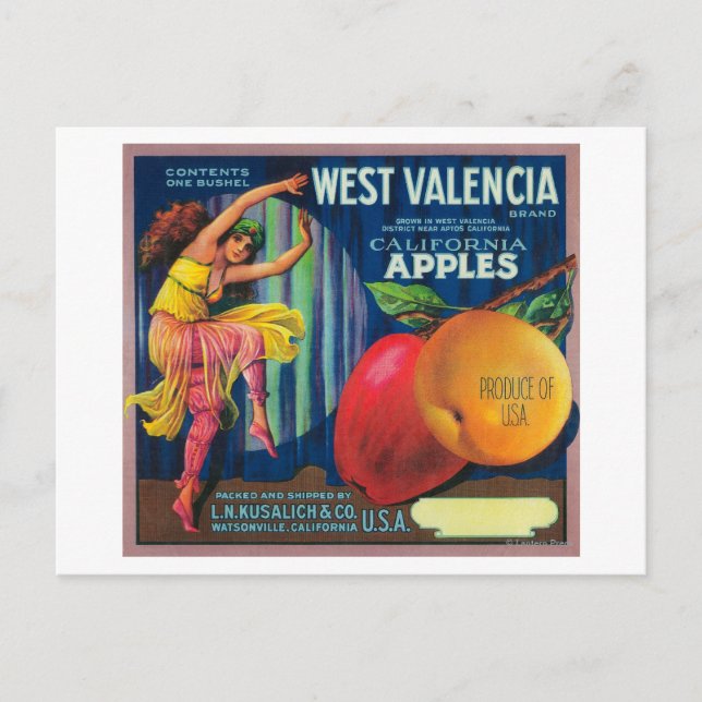 West Valencia Apple Crate LabelWatsonville, CA Postcard (Front)