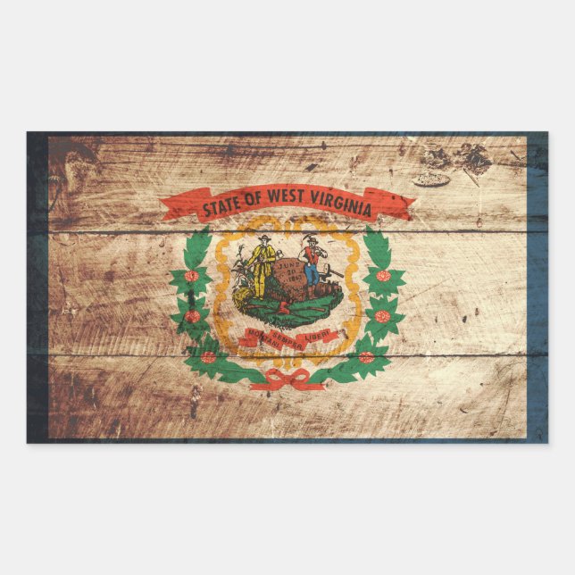 West Virginia State Flag on Old Wood Grain Rectangular Sticker (Front)