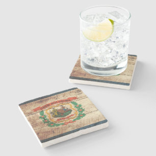 West Virginia State Flag on Old Wood Grain Stone Coaster