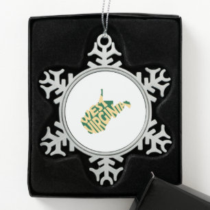 West Virginia State Name Word Art Yellow Snowflake Pewter Christmas Ornament