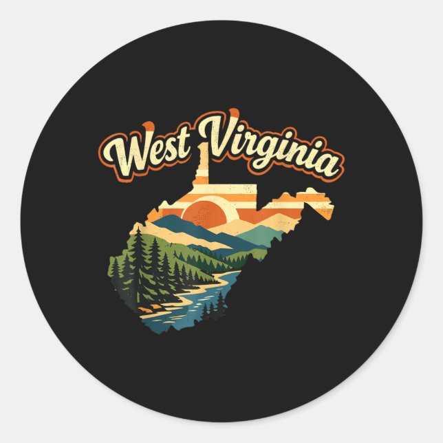 West Virginia State Retro Sunset Mountain Classic Round Sticker (Front)
