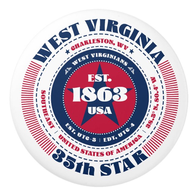 West Virginia US State Red White Blue Typography Ceramic Knob (Front)